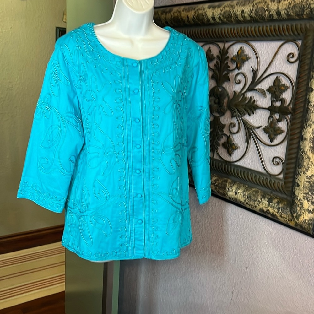 VTG Vibrant BFA Classics Turquoise 3/4 Sleeve Braided Embellished Jacket Sz M